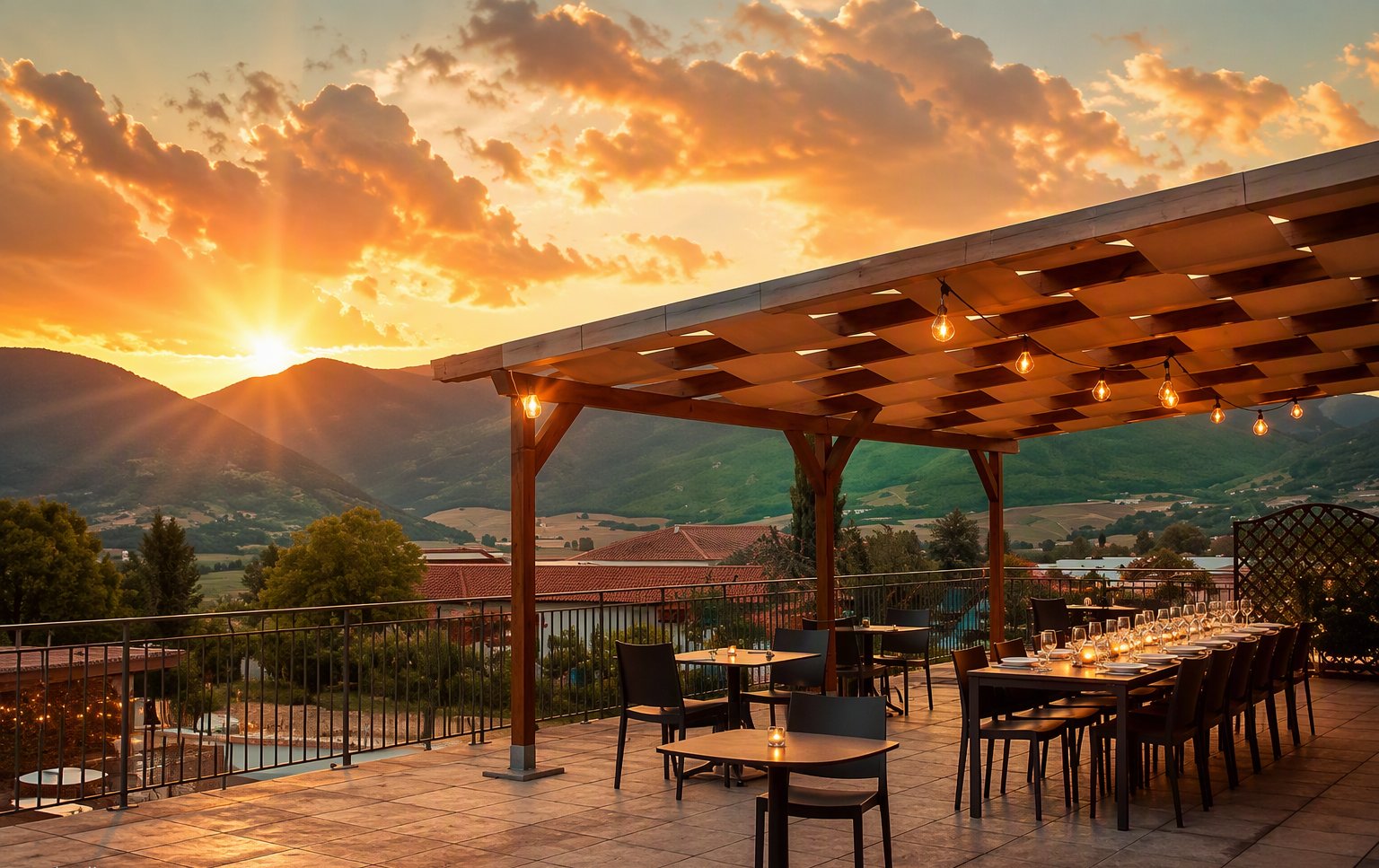 La terrazza con pergolato al tramonto, i monti sullo sfondo